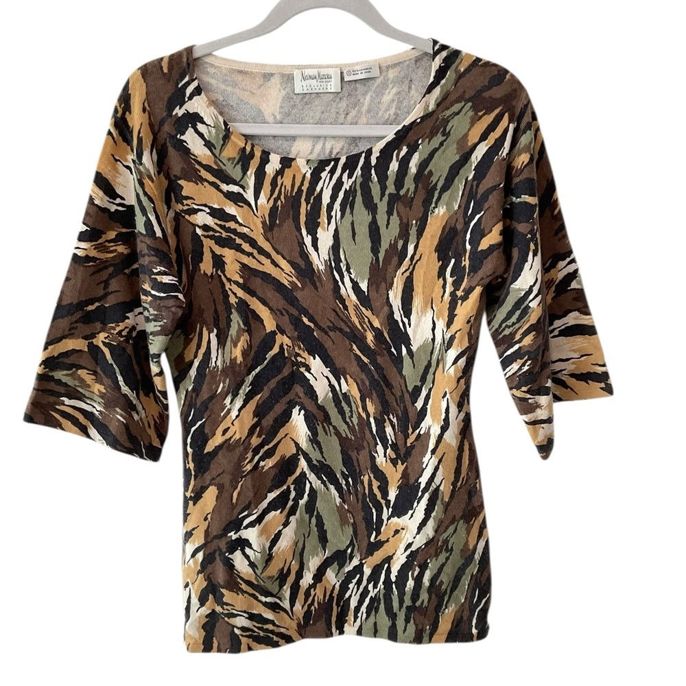 Neiman Marcus Cashmere Sweater Small 3/4 Sleeve Animal Print Luxe Knit